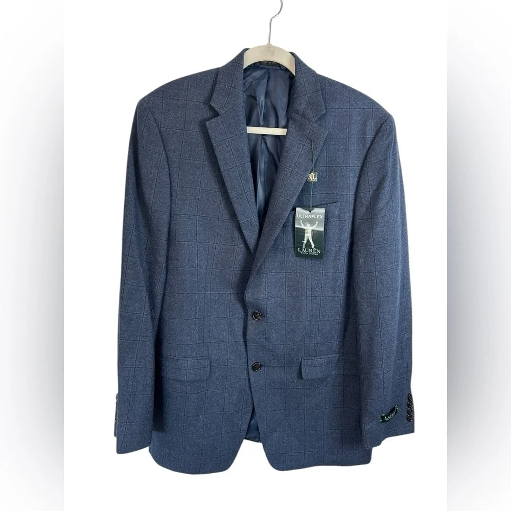 Lauren Ralph Lauren Midnight Blue Plaid 100% Wool Sport Coat Mens Sz 40L NWT